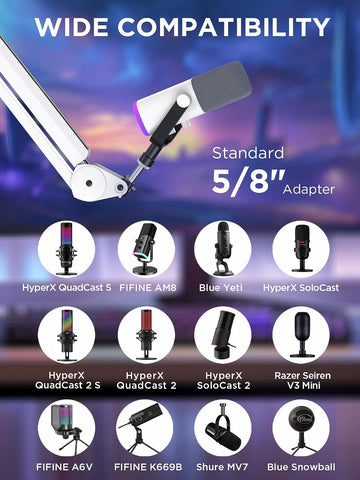 InnoGear Mic Arm Microphone Boom Arm Cable Management for Blue Yeti, White