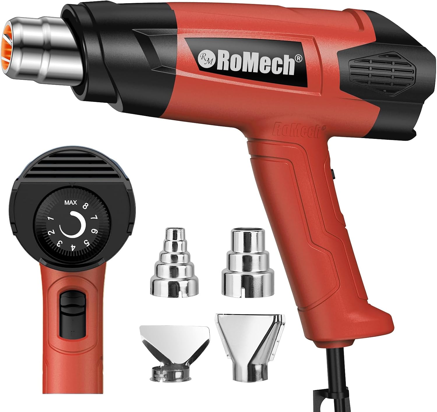 ROMECH Heat Gun, Heavy Duty Fast Heating, Variable Control 120°F~1200°F (50℃-500℃) 4 Nozzles Heat Gun for Crafting, Shrink Tubing,Vinyl Wrap (Red)
