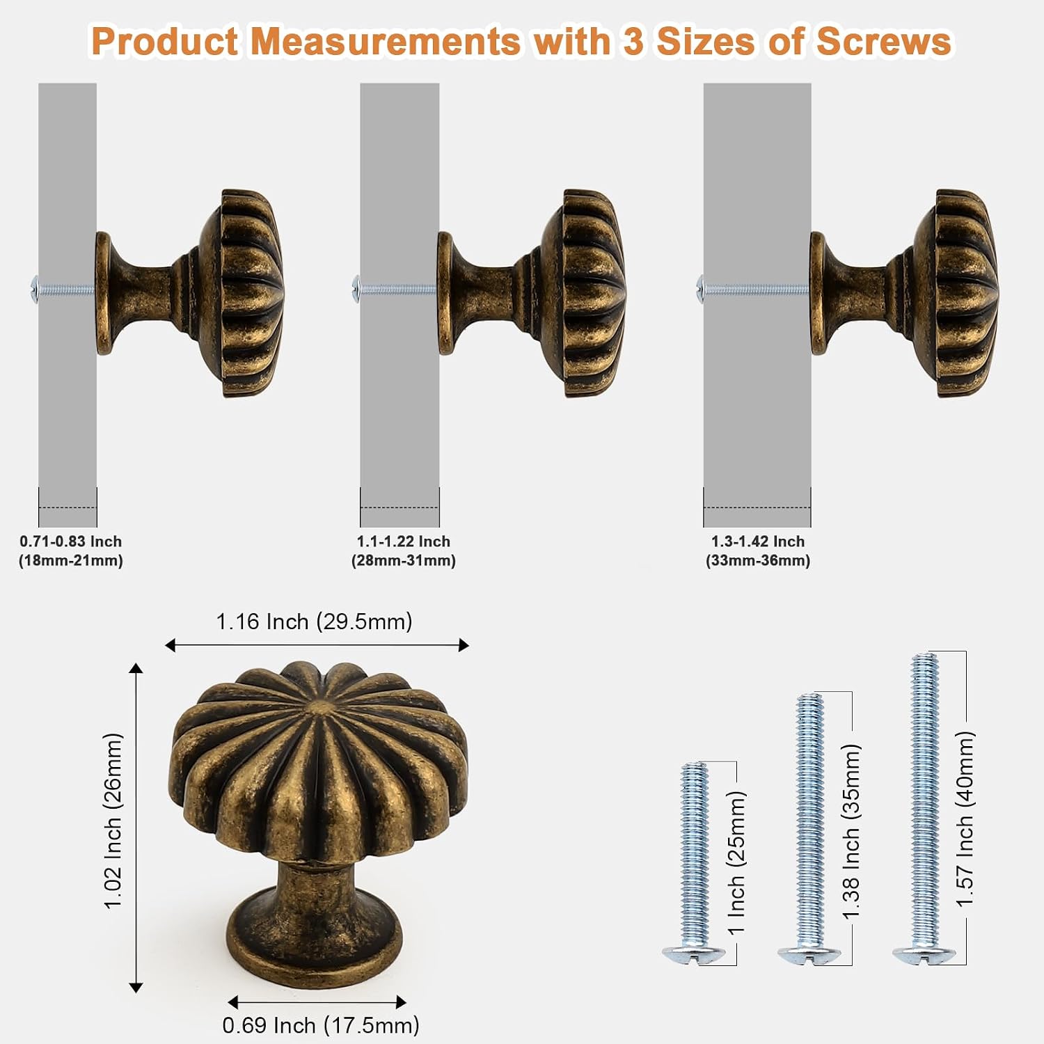 Probrico 20 Pack Antique Brass Cabinet Knobs Vintage Drawer Knobs Zinc Alloy Dresser Knobs for Kitchen Cabinets Dresser Drawers