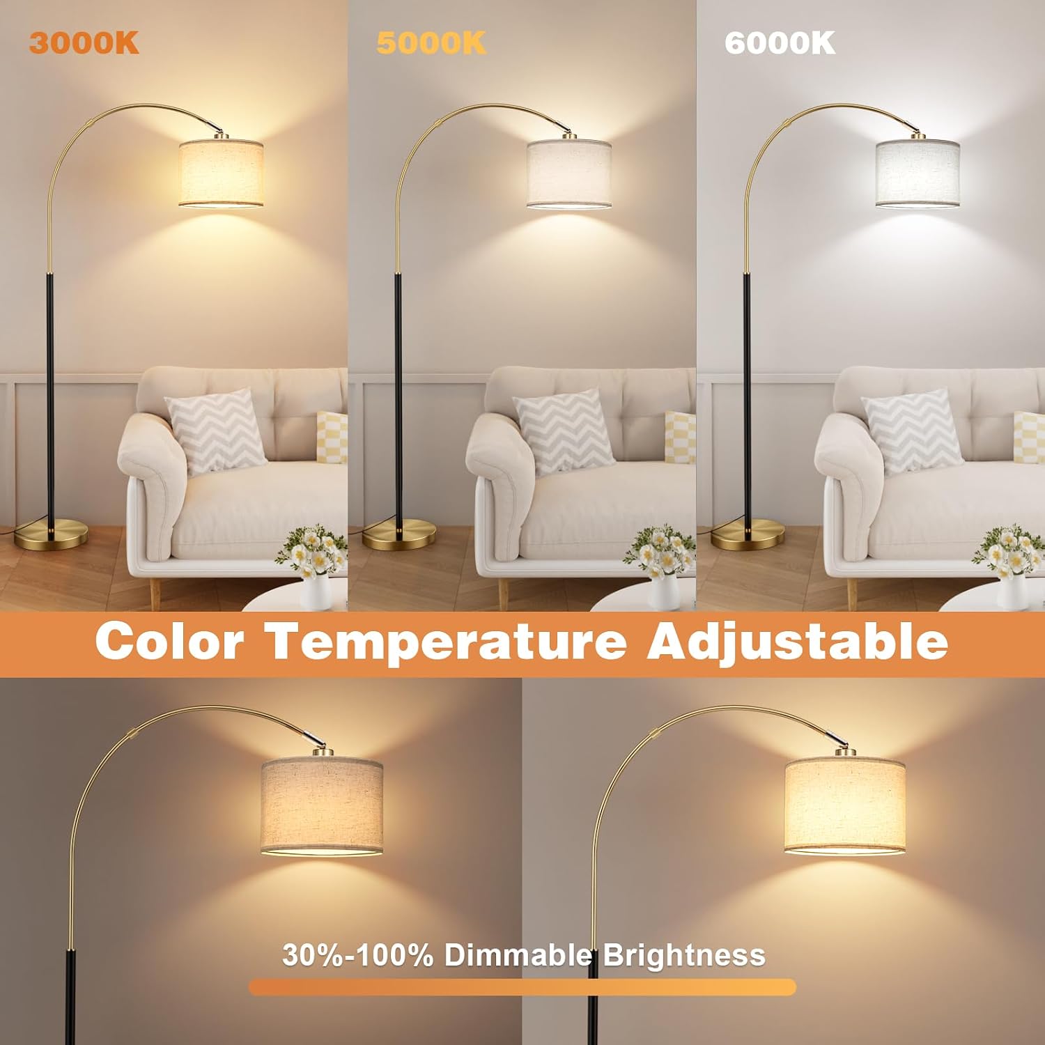 Ambimall Dimmable Arc Floor Lamp with Remote, Color Temperatures and Brightness Adjustable, Arched Floor Lamp with Rotating Head, Over Couch Arched Reading Light for Living Room (Black and Bronze)