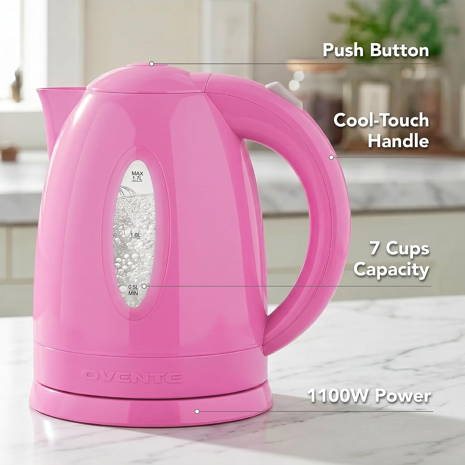 OVENTE 1.7L Electric Tea Kettle, 1100W BPA-Free Water Boiler, Pink KP72P
