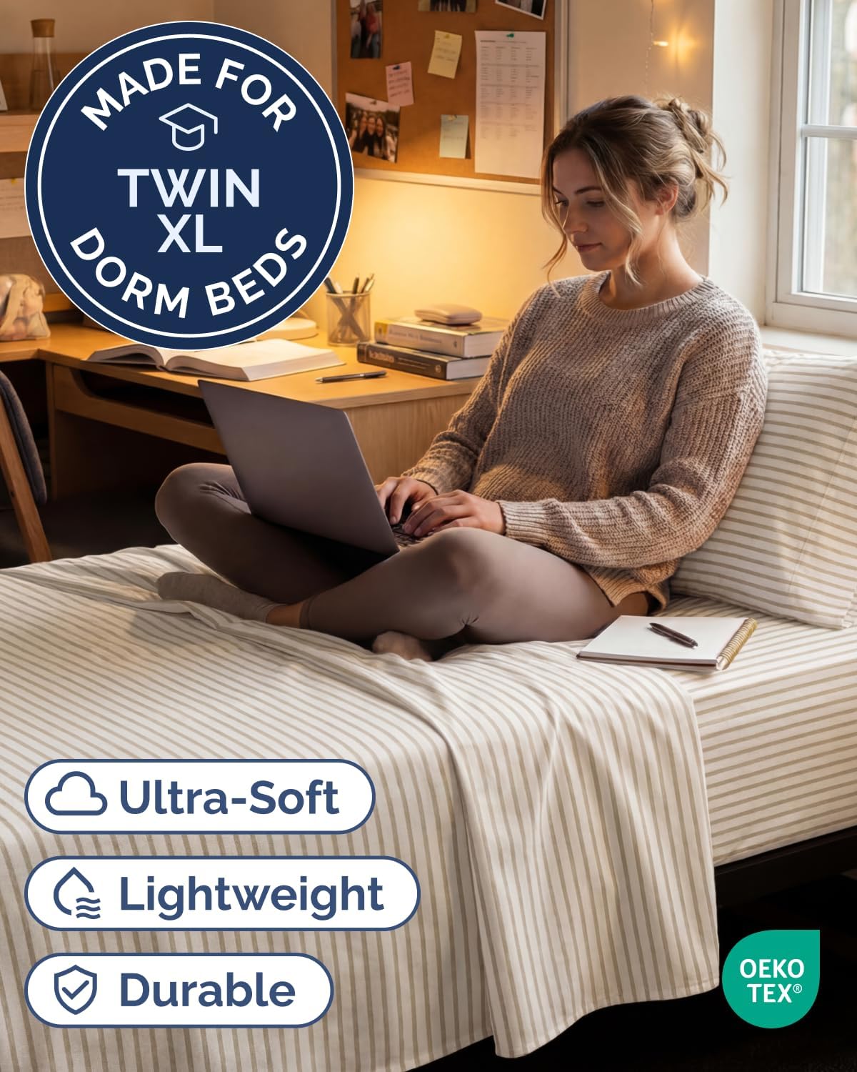 Twin XL 3 Piece Sheet Set - College Dorm Room Essentials - Beige Stripes