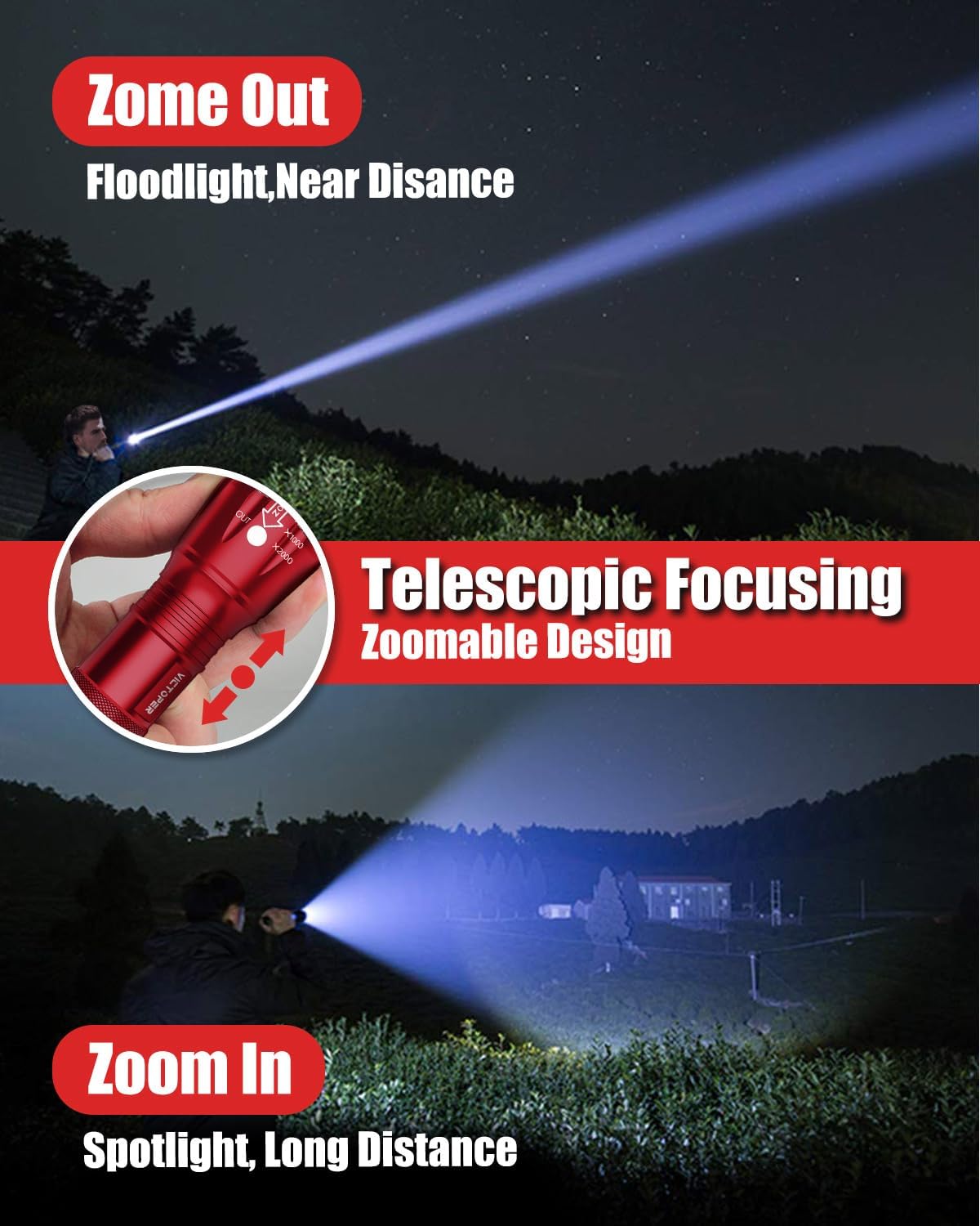 Victoper LED Flashlight 2 Pack Red, Bright Tactical Torch High Lumens 5 Modes, Waterproof Zoomable Flash Light for Outdoor, Birthday Gifts for Men, Dorm Room Hiking Camping Essentials Gear for Guys