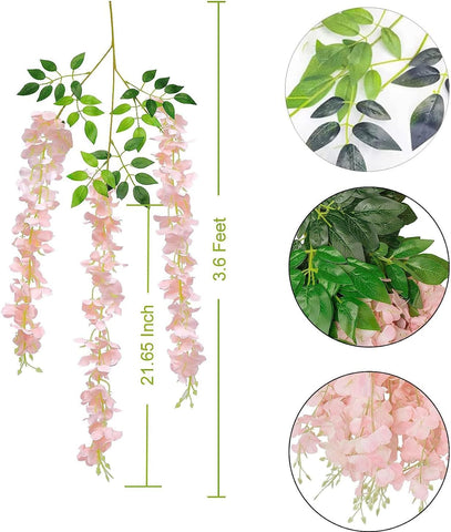 108pcs Artificial Wisteria Flowers 3.6 Feet/Piece Pink Dense Artificial Fake Wisteria Vine Ratta Hanging Garland Silk Flowers String Home Party Wedding Decor（Pink-Dense）