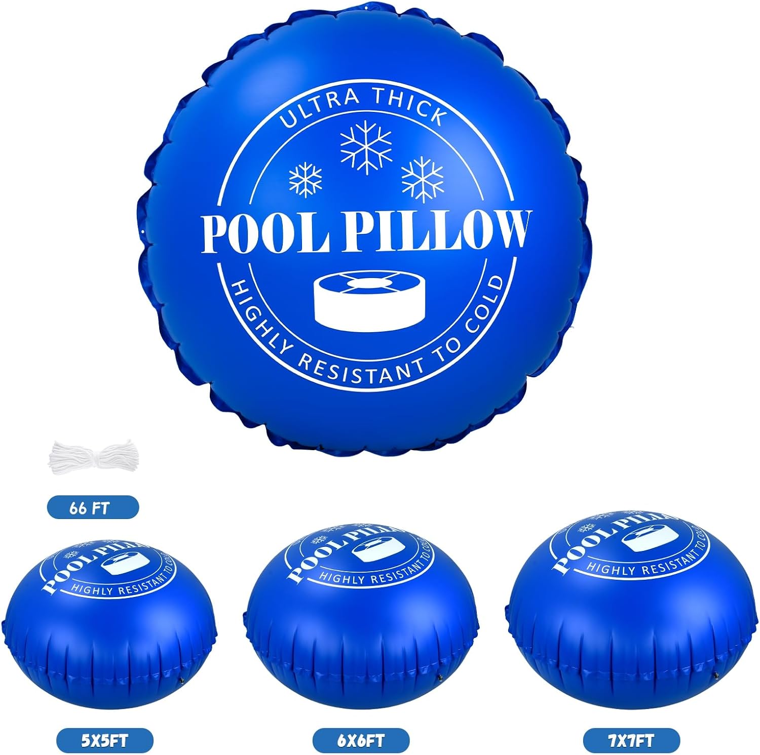 6 x 6 Ft Pool Pillows for Above Ground Pools with 66 Ft Rope, 0.5mm PVC Cold-Resistant for Closing Winter, Winterize Pool Closing Kit Winter Pool Cover Pillow No Leak