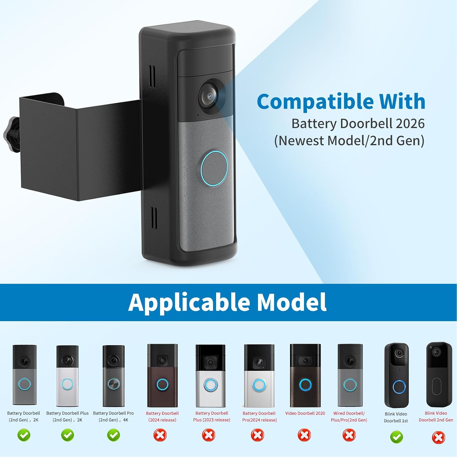 Anti-Theft Ring/Blink Doorbell Mount for 2026 Newest Battery Doorbell/Plus/Pro (2nd Gen), No-Drill Camera Doorbell Kits, Non-Blocking Motion Sensor, Accessories for Apartment & Rental, Black