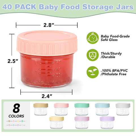RowinsyDD 40 Pack Baby Food Containers, 4 oz Glass Baby Food Jars with Lids