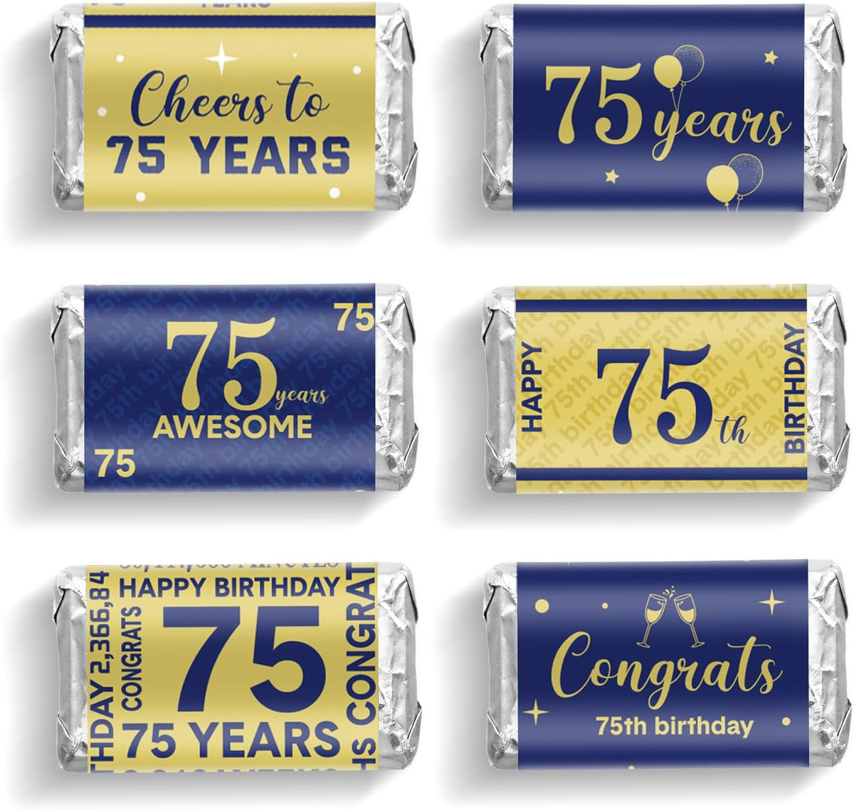 Tenare 90 Pcs 75th Birthday Candy Wrappers, Blue and Gold Stickers