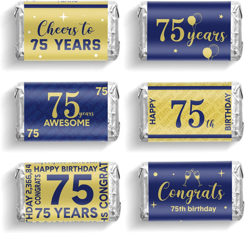 Tenare 90 Pcs 75th Birthday Candy Wrappers, Blue and Gold Stickers
