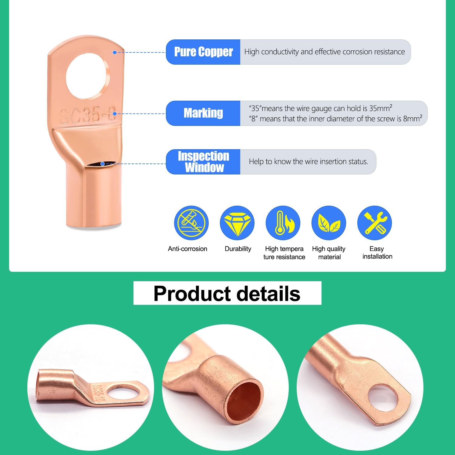 Twidec/160PCS Battery Cable Ends AWG 2 4 6 8 10 12 Gauge Copper Cable Wire Lugs,Ring Terminals Connectors,Copper Ring Terminals Connectors and Hammer Lug Crimper Tool 8 AWG to 0000 AWG