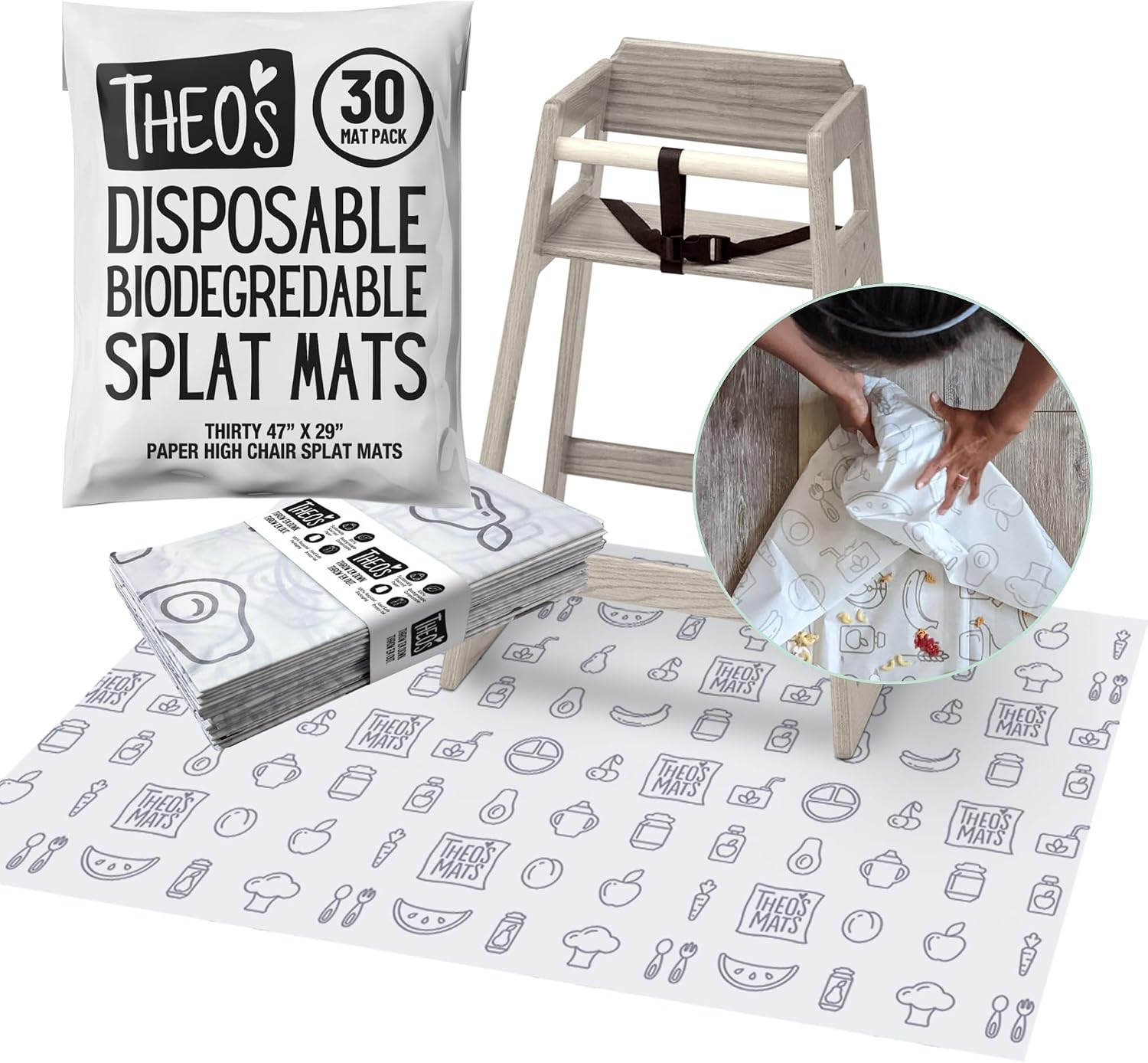 Theo’S Disposable Mats - 30 Count Splat Mat for High Chairs