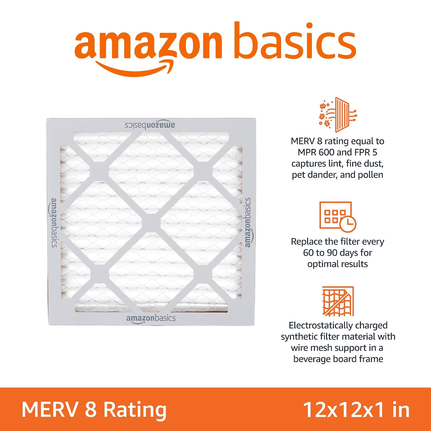 Amazon Basics 12x12x1 Air Filter 6-Pack, MERV 8 AC Furnace, Dust, Pet & Allergen Control , Electrostatic (Actual Size: 11.75" x 11.75" x 0.75")