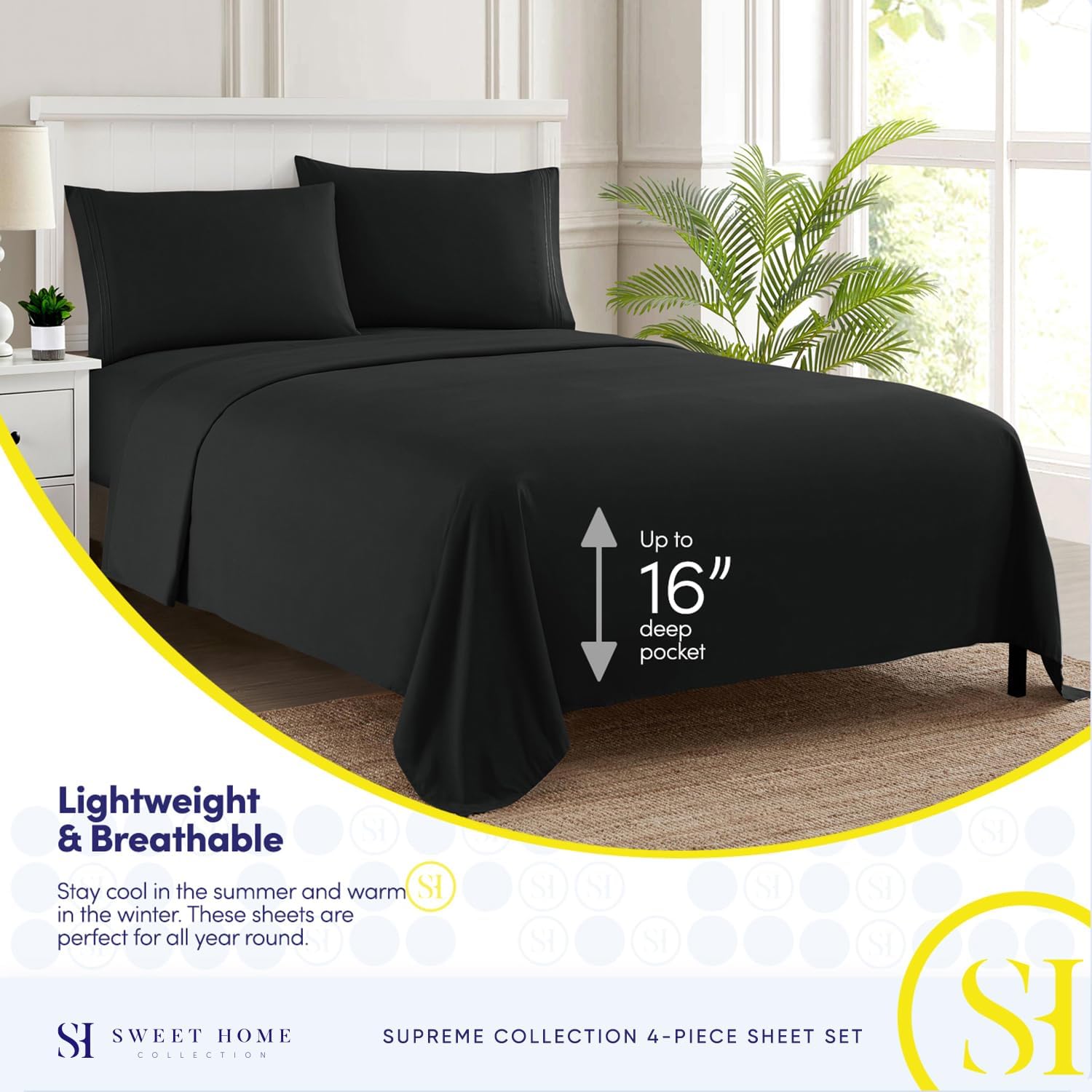 King Size Sheets - Breathable Luxury Bed Sheets with Full Elastic & Secure Corner Straps Built In - 1800 Supreme Collection Extra Soft Deep Pocket Bedding Set, Sheet Set, King, Black