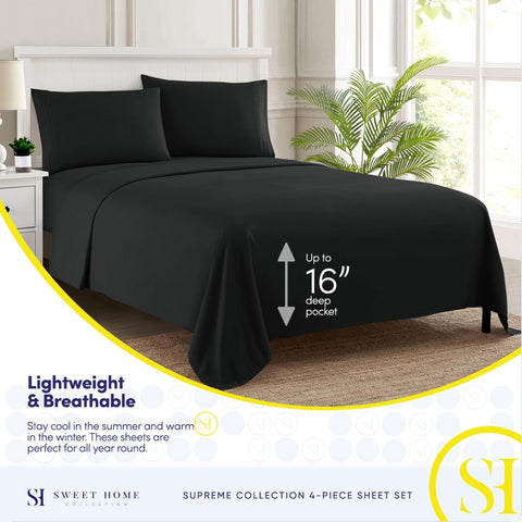 King Size Sheets - Breathable Luxury Bed Sheets with Full Elastic & Secure Corner Straps Built In - 1800 Supreme Collection Extra Soft Deep Pocket Bedding Set, Sheet Set, King, Black