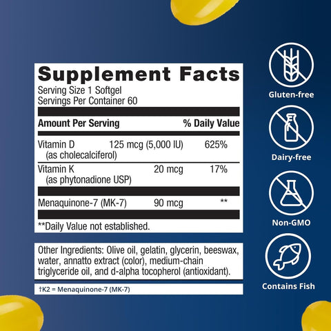 Metagenics Vitamin D3 and Vitamin K2 5,000 IU with MK-7, 60 Softgels