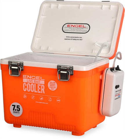Engel Live Bait Cooler Box with 2nd Gen 2-Speed Aerator Pump - Portable Fishing Station & Minnow Bucket for Shrimp & Other Live Fish with Aerator - ENGLBC-N