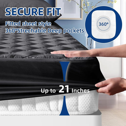 Twin XL Mattress Protector Waterproof, Fitted Deep Pocket 8"-21", Black