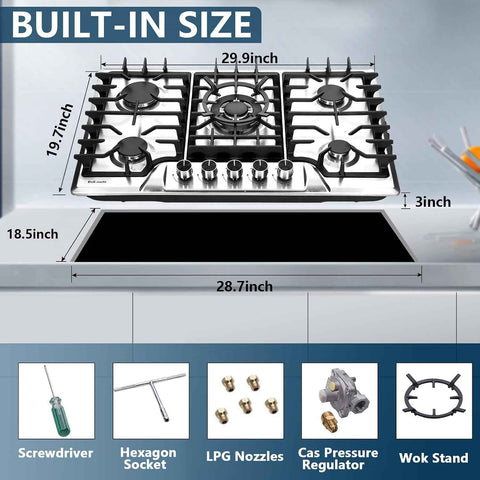 Gas Cooktop 30 Inch, Built-in 5 Burners Stainless Steel Gas Stovetop LPG/NG Convertible Gas Stove Top Dual Fuel Gas Hob DM5722