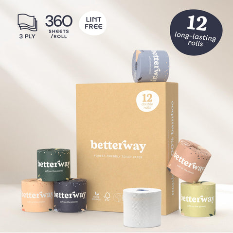 Betterway Bamboo Toilet Paper 3 Ply - Sustainable Toilet Tissue - 12 Double Rolls & 360 Sheets Per Roll - Septic Safe - Organic, Plastic Free - FSC Certified