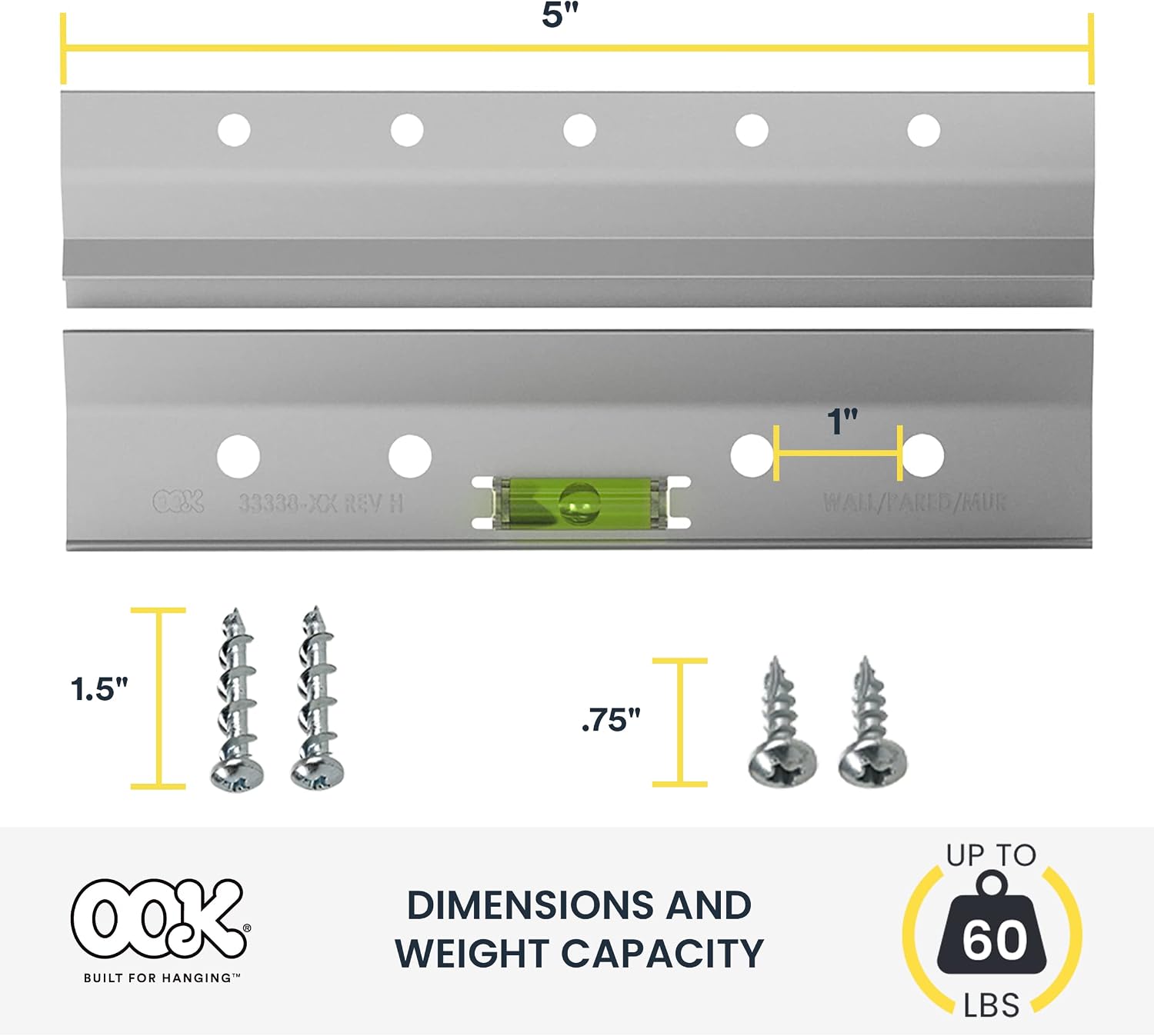 OOK 55310 French Cleat, Picture and Mirror Hanger with Hardware, 60lb, Aluminum (7 Piece)