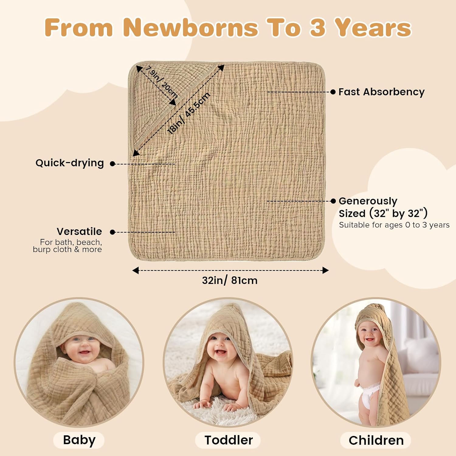 Muslin Hooded Baby Towels 2 Pack, 100% Cotton Baby Bath Towels for Newborn