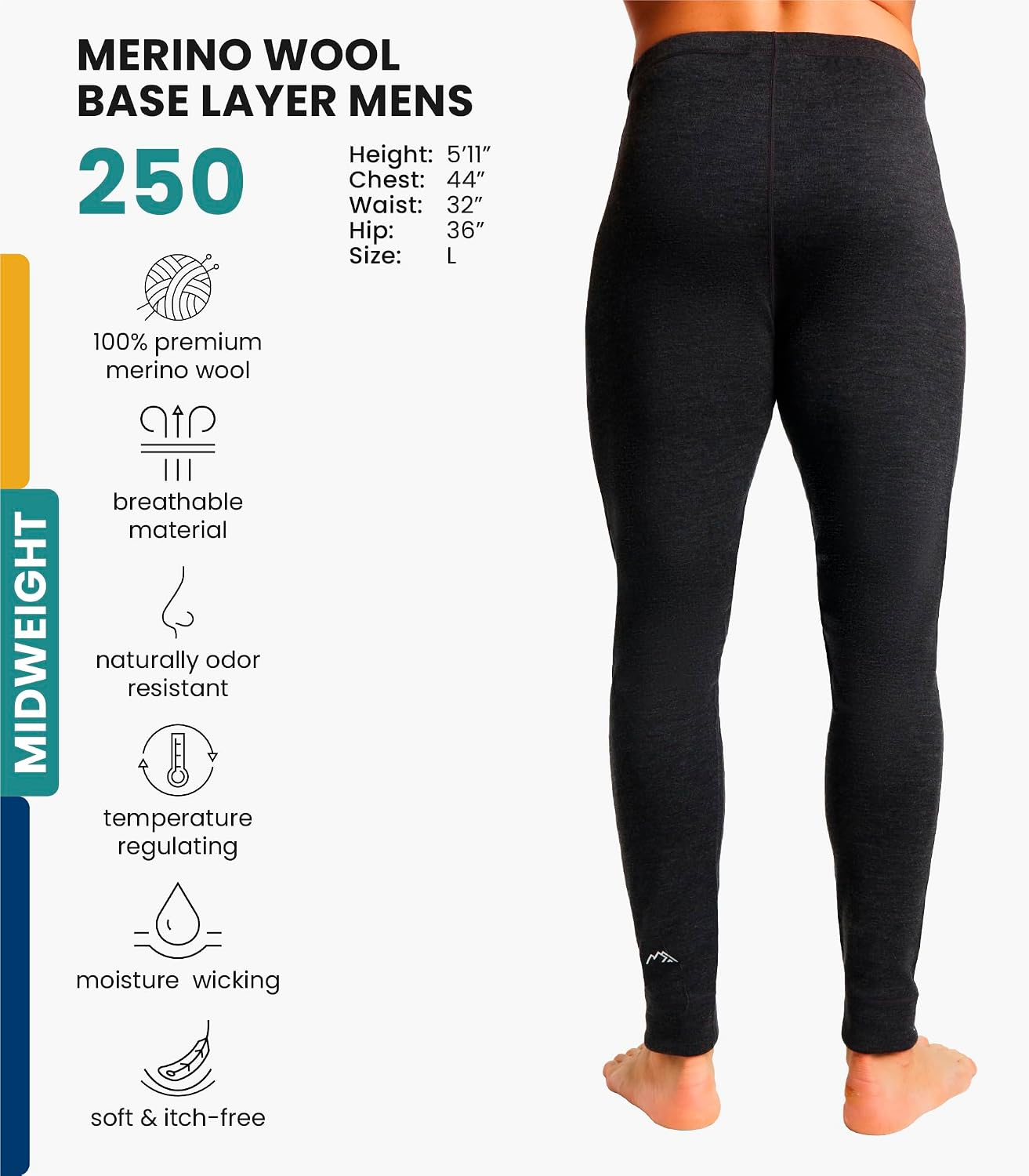 100% Merino Wool Base Layer Mens Pants - Thermal Underwear Long Johns