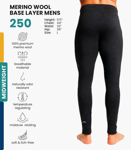 100% Merino Wool Base Layer Mens Pants - Thermal Underwear Long Johns