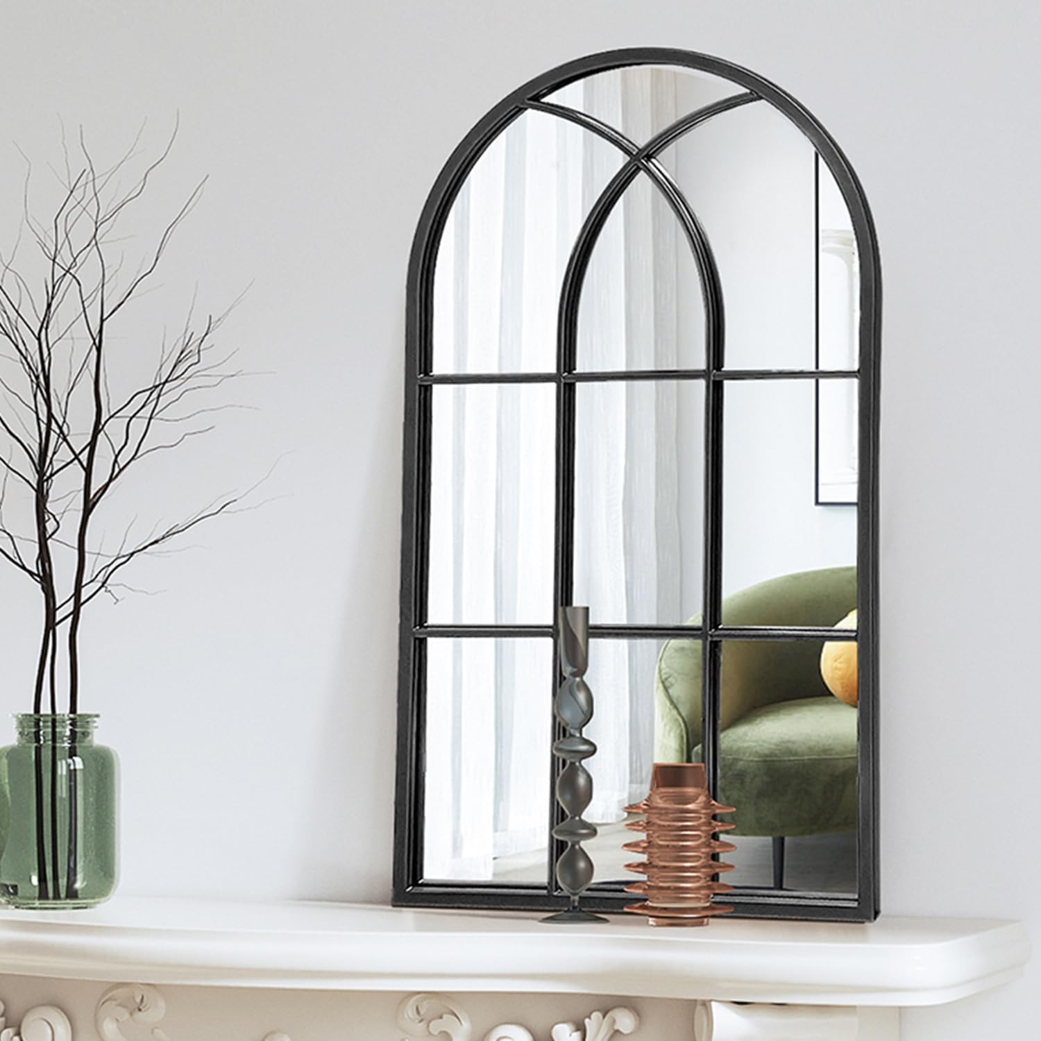Dewfig Arched Window Wall Mirror, 42"x24" Windowpane Mirror, Black