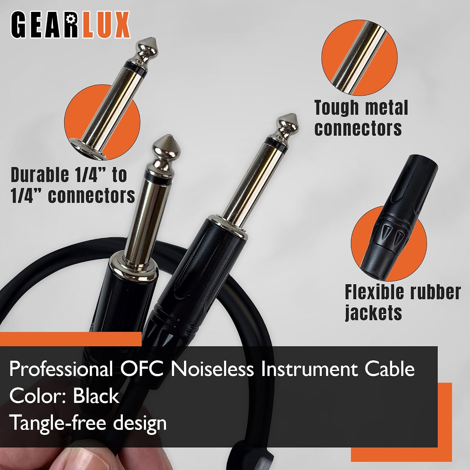 Gearlux Instrument Cable/Guitar Cable, 1/4 Inch, Straight to Straight, Black, 6 Feet - Single Pack