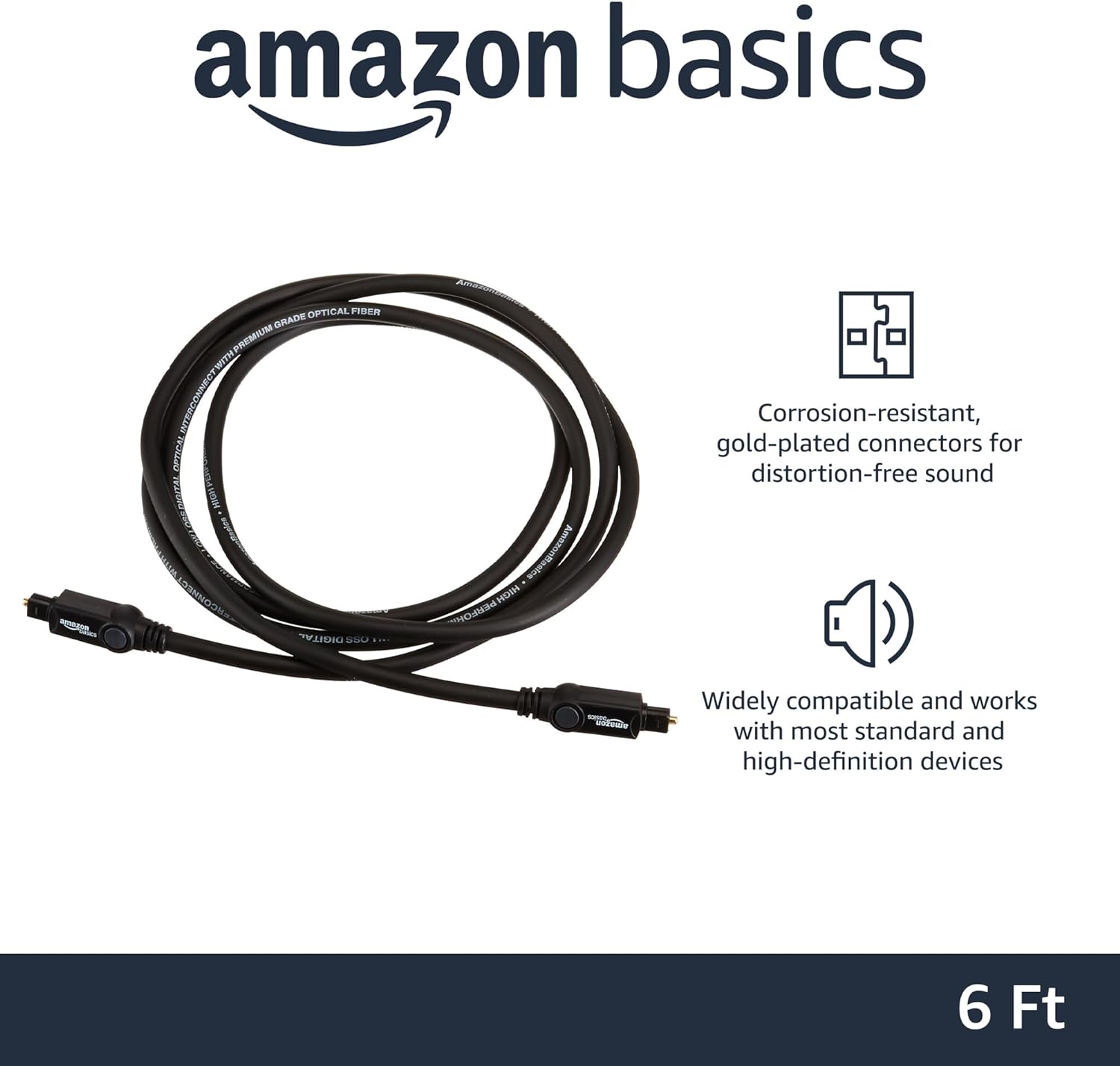 Amazon Basics Toslink Digital Optical Audio Fiber Optic Cable, Multi-Channel, for Sound Bar, Audio System, Home Theatre, Game Console, Blu-Ray Player, Gold-Plated Connectors, 6 Foot, Black