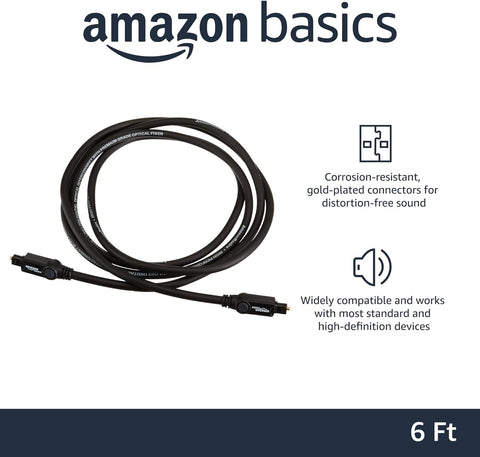 Amazon Basics Toslink Digital Optical Audio Fiber Optic Cable, Multi-Channel, for Sound Bar, Audio System, Home Theatre, Game Console, Blu-Ray Player, Gold-Plated Connectors, 6 Foot, Black