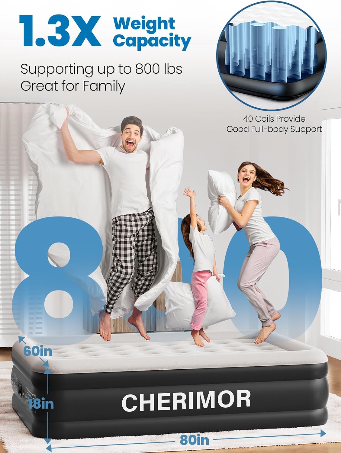 CHERIMOR Queen Air Mattress with Built-in Pump 18in, Upgraded 40 Air-Coil