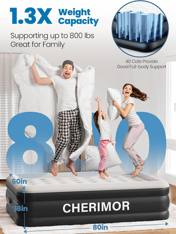CHERIMOR Queen Air Mattress with Built-in Pump 18in, Upgraded 40 Air-Coil