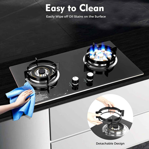 2 Burner Natural Gas Cooktop, Bulit-in Gas Cooktop, Stainless Steel 16 inch NG/LPG Convertible, Drop-in 2 Burner Gas Stove with Thermocouple Protection