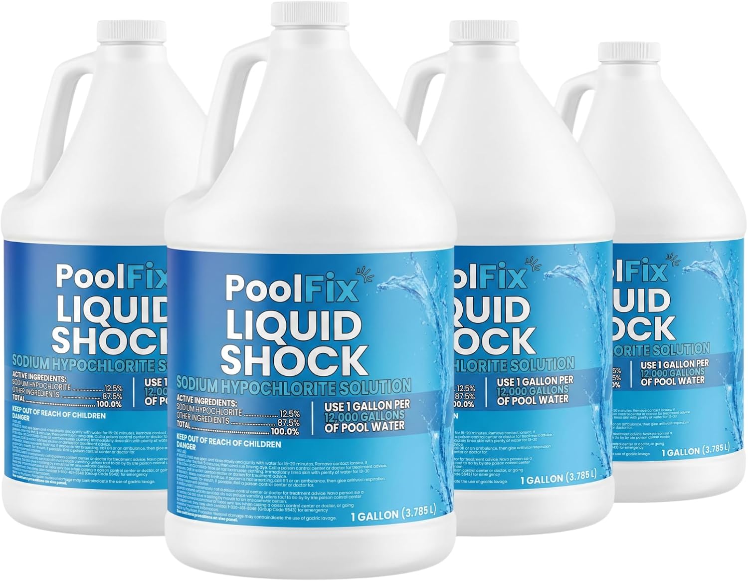 Liquid Pool Shock 12.5% – Commercial Grade Sodium Hypochlorite Chlorine Sanitizer, Fast-Acting, Ready to Use, Non-Staining (4-Pack)