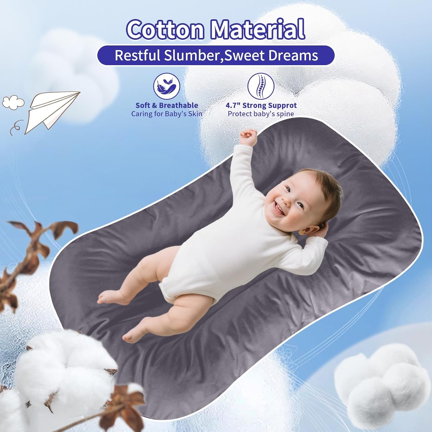 Baby Lounger 0-24 Months 100% Cotton Soft & Breathable(Gray)