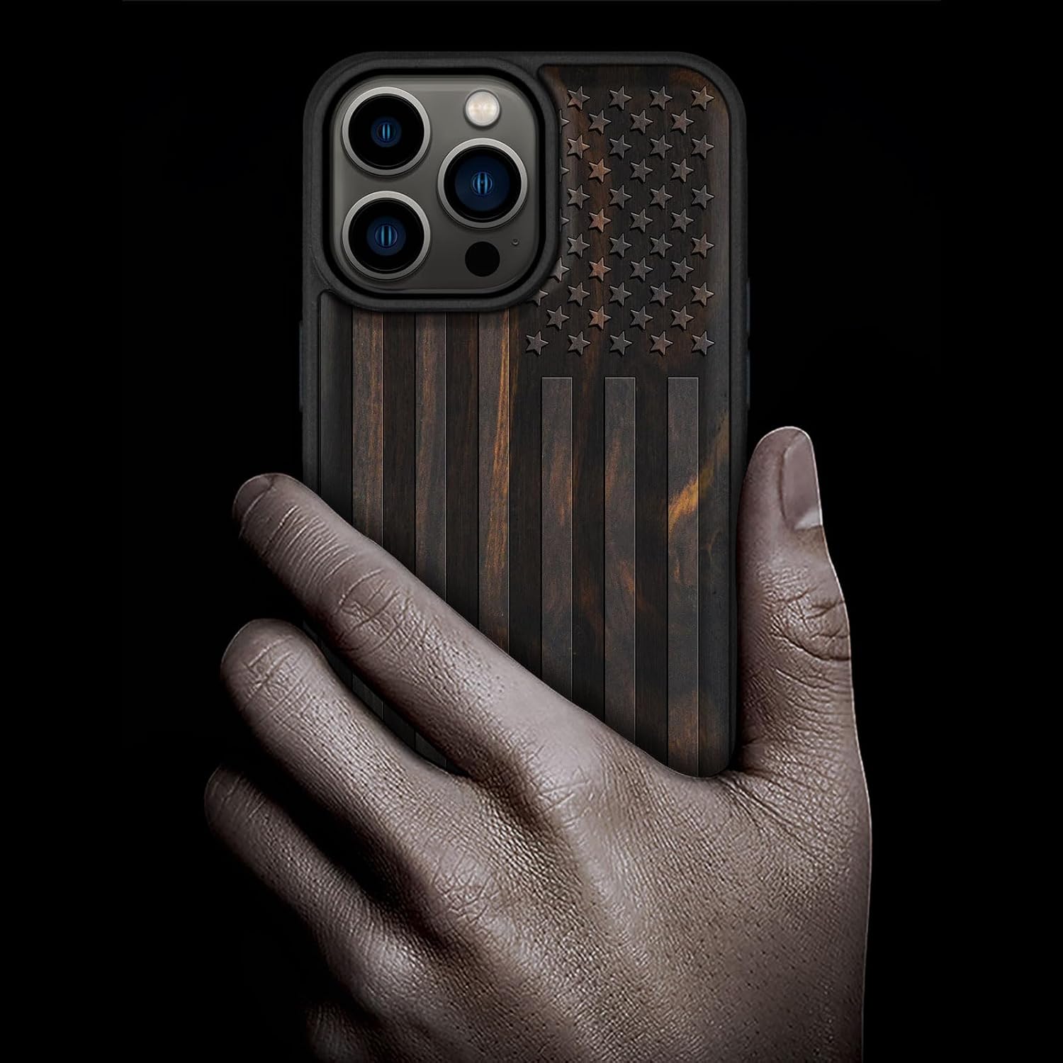 Carveit Wood Case for iPhone 15 Pro Max, The Classic American Flag, Black