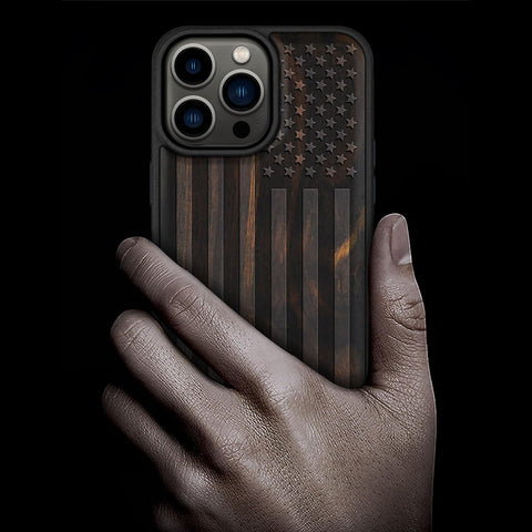 Carveit Wood Case for iPhone 15 Pro Max, The Classic American Flag, Black