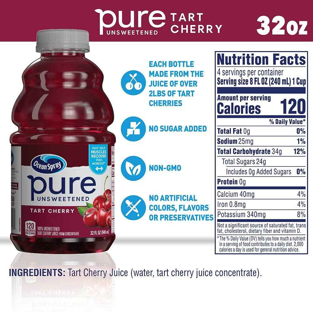 Ocean Spray® Pure Unsweetened Tart Cherry, 100% Tart Cherry Juice, 32 Fl Oz Bottle (Pack of 8)