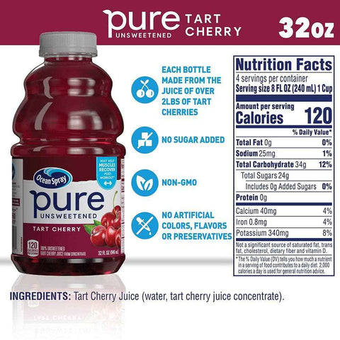 Ocean Spray® Pure Unsweetened Tart Cherry, 100% Tart Cherry Juice, 32 Fl Oz Bottle (Pack of 8)