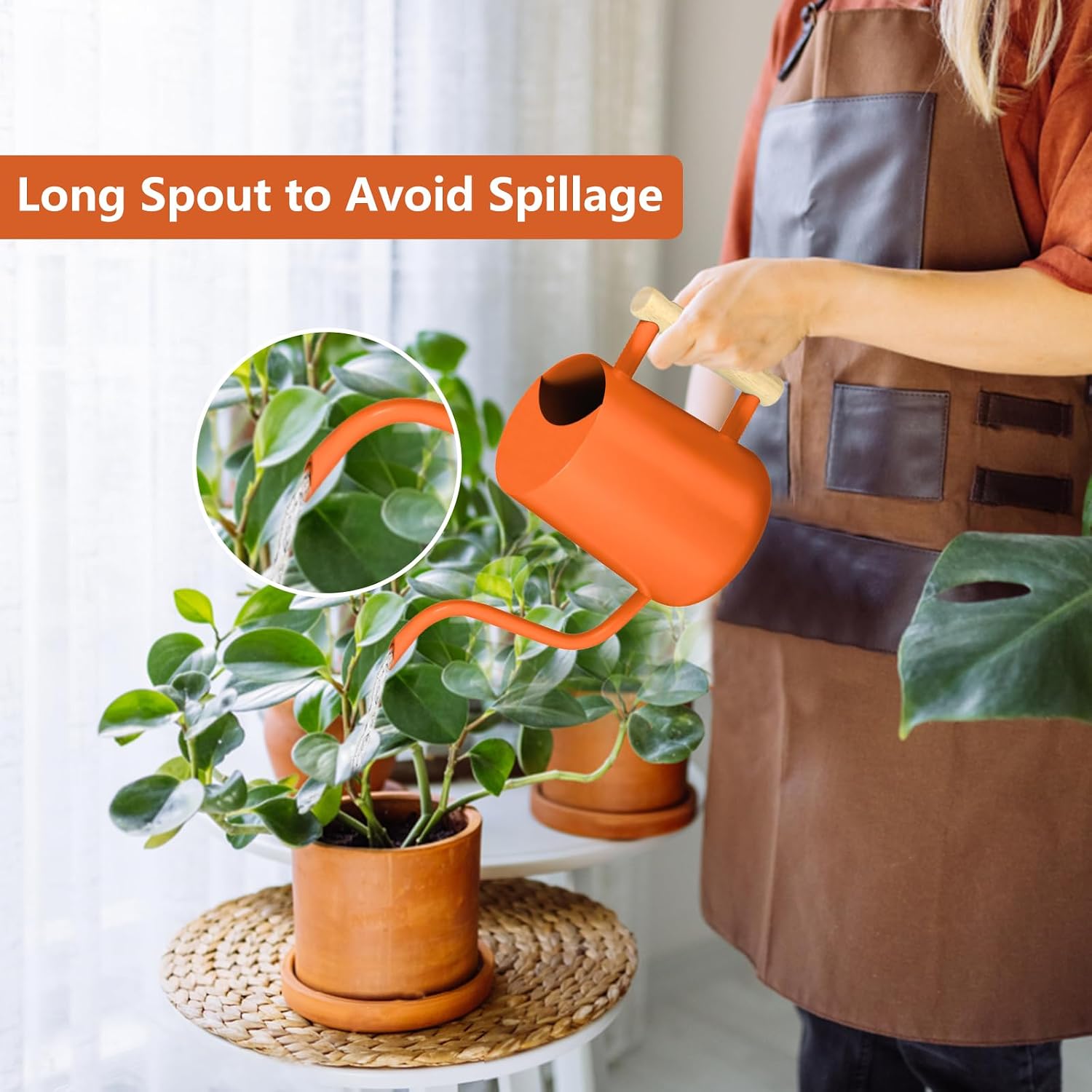 Watering Can Indoor Plants, 35oz Small Stainless Steel Metal Watering Can Modern Decorative Watering Pot with Long Spout for Indoor House Plant Bonsai Garden Flowers (Orange)