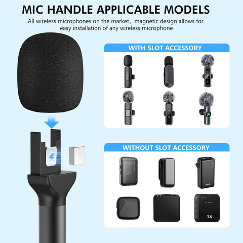 Handheld Adaptor for Interview Mic, 2 Packs Wireless Mic holders for DJI/Rode/Hollyland Lark Lavalier, Universal Magnetic Microfono Stand with Foam Windshield & Flag Station for Interview/Vlogging