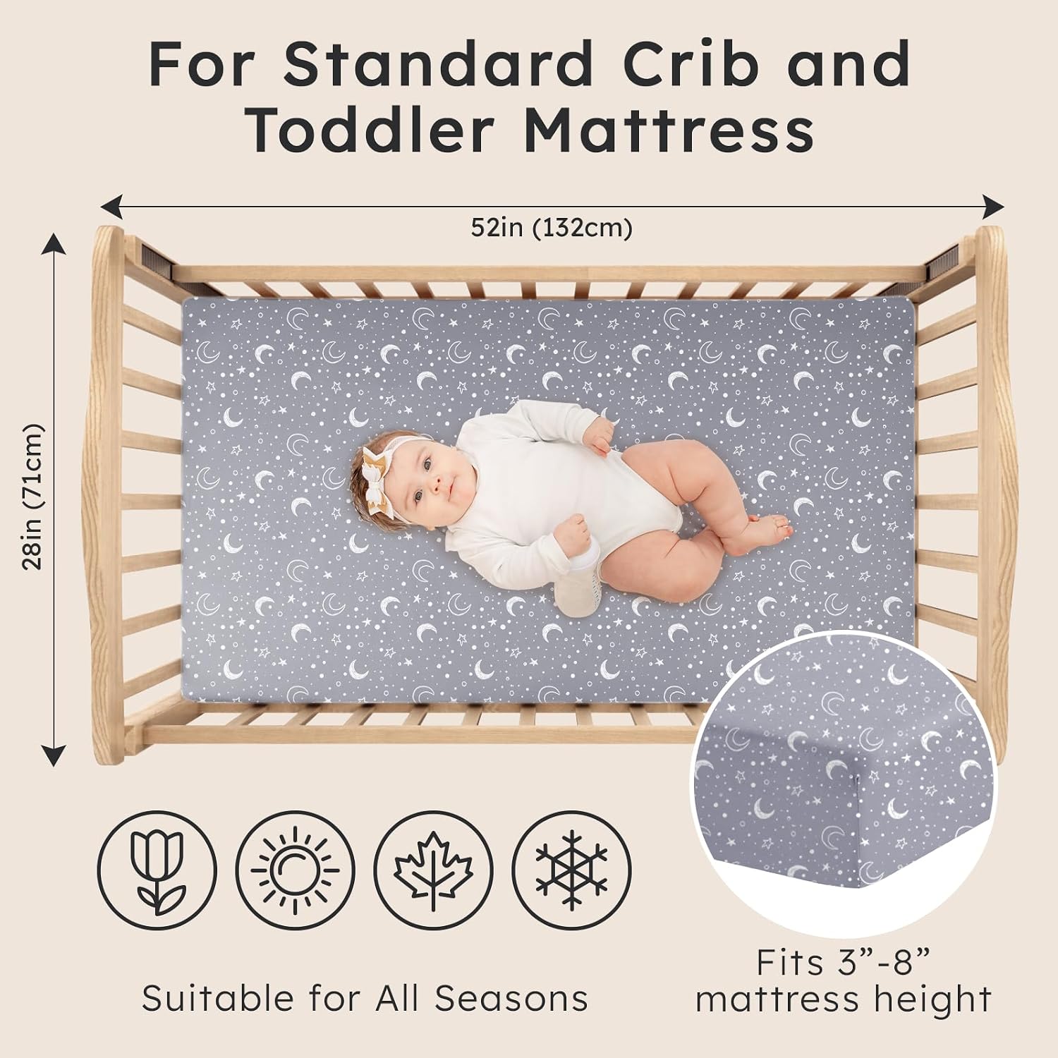 2-pk Crib Sheets for Boys Girls Neutral 52x28 (Blue Grey+Star)