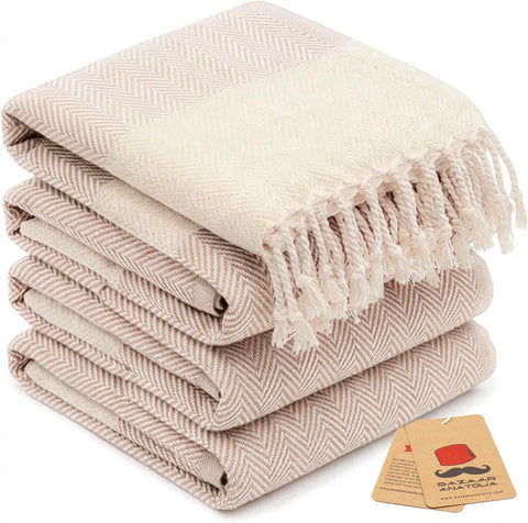 Bazaar Anatolia Turkish Hand Towels Set of 4, 39x19 in, Herringbone Beige