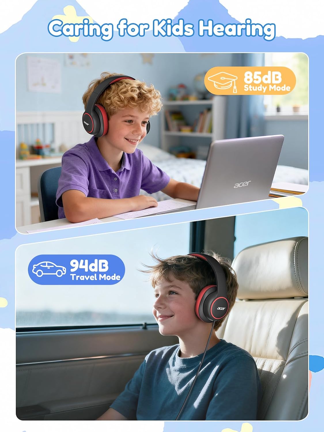 Acer OHW328 2 in 1 Kids Headphones Wired for School - 3.5mm & USB-C Jack