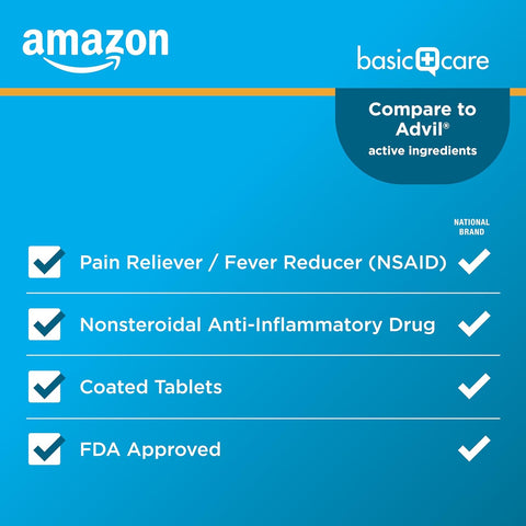 Amazon Basic Care Ibuprofen Tablets 200 mg, Pain Reliever/Fever Reducer, NSAID for Backache, Menstrual Pain, Arthritis, 100 Count (Packaging may vary)
