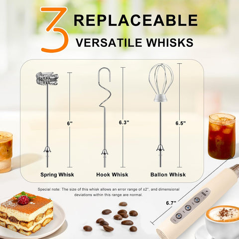 YUSWKO Handheld Milk Frother Wand for Coffee, Rechargeable Electric Whisk with 3 Heads 3 Speeds Drink Mixer Coffee Frother For Latte, Cappuccino, Hot Chocolate, Egg, Beige