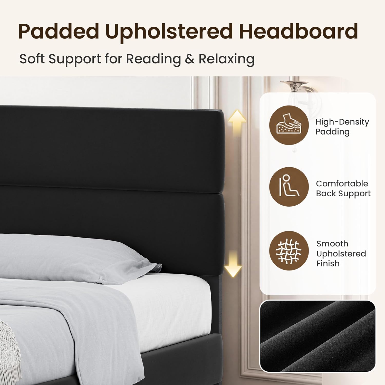 GRUSIGN Queen Size Platform Bed Frame with Velvet Headboard, Adjustable Height Wooden Slats Support, Upholstered Mattress Foundation, Fits Mattress or Mattress with Box Spring, Easy Assembly, Black
