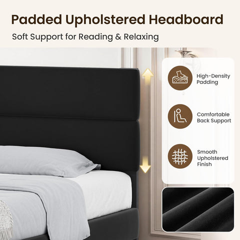 GRUSIGN Queen Size Platform Bed Frame with Velvet Headboard, Adjustable Height Wooden Slats Support, Upholstered Mattress Foundation, Fits Mattress or Mattress with Box Spring, Easy Assembly, Black
