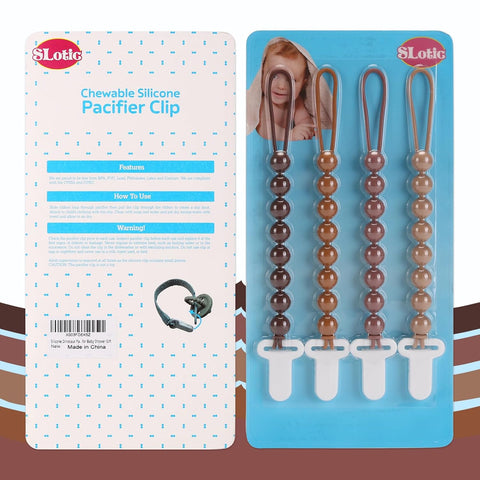 4-Pack Silicone Pacifier Clips with One-Piece Beads for Baby Boys and Girls - Flexible and Rust-Free Holders for Teething Relief and Baby Essentials, Safe for Newborns (Brown)